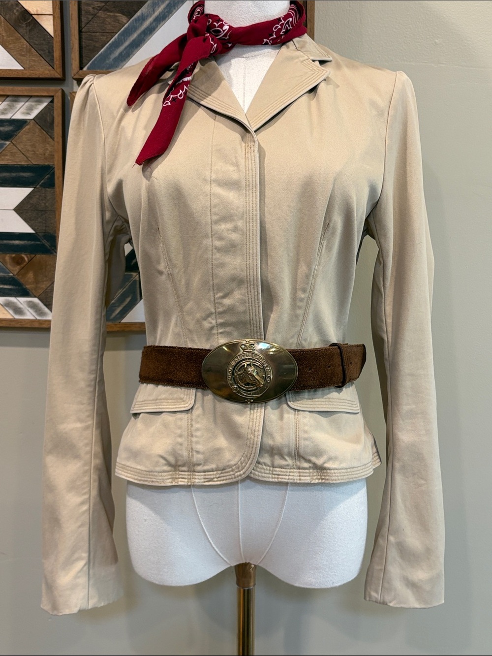 Ralph Lauren Khaki Blazer with Brown Suede Belt and Gold Buckle